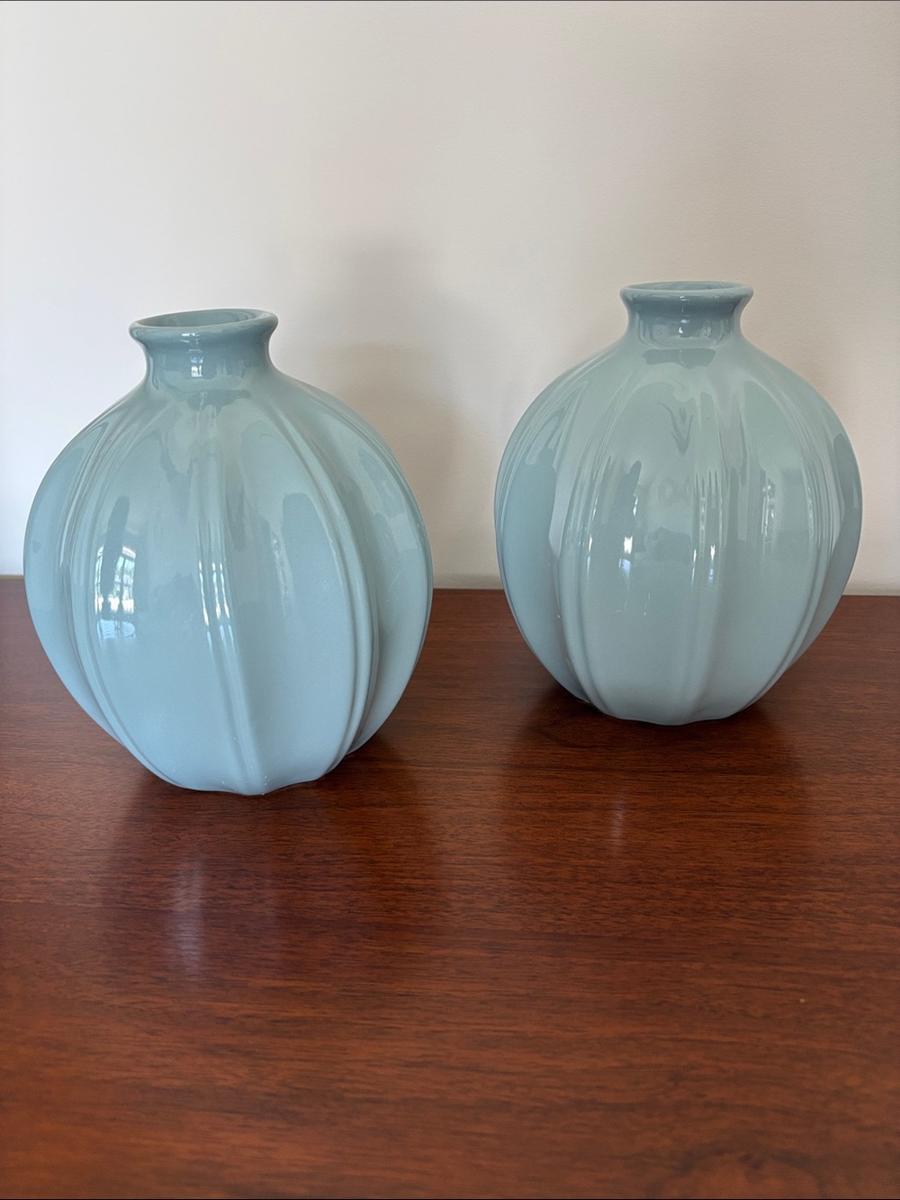 Mainstays Ceramic high gloss ribbed,oval,light teal,fresh/dried flower vases (2)